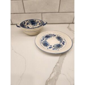 Vintage Blue Flower Hand Painted In Japan Soup Cereal‎ Rice Bowl And Under Plate